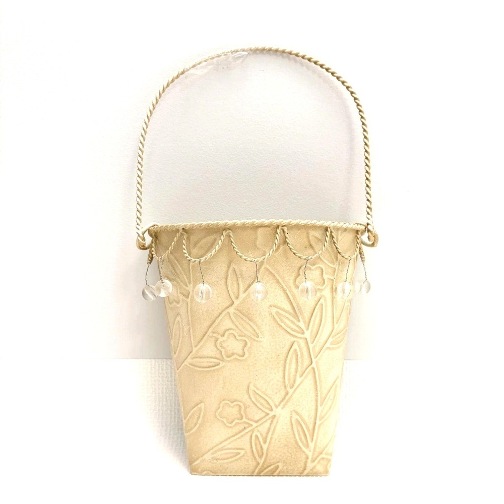Vintage Wall Pocket Metal Floral Embossed Hanging Basket Cream - Picture 1 of 7